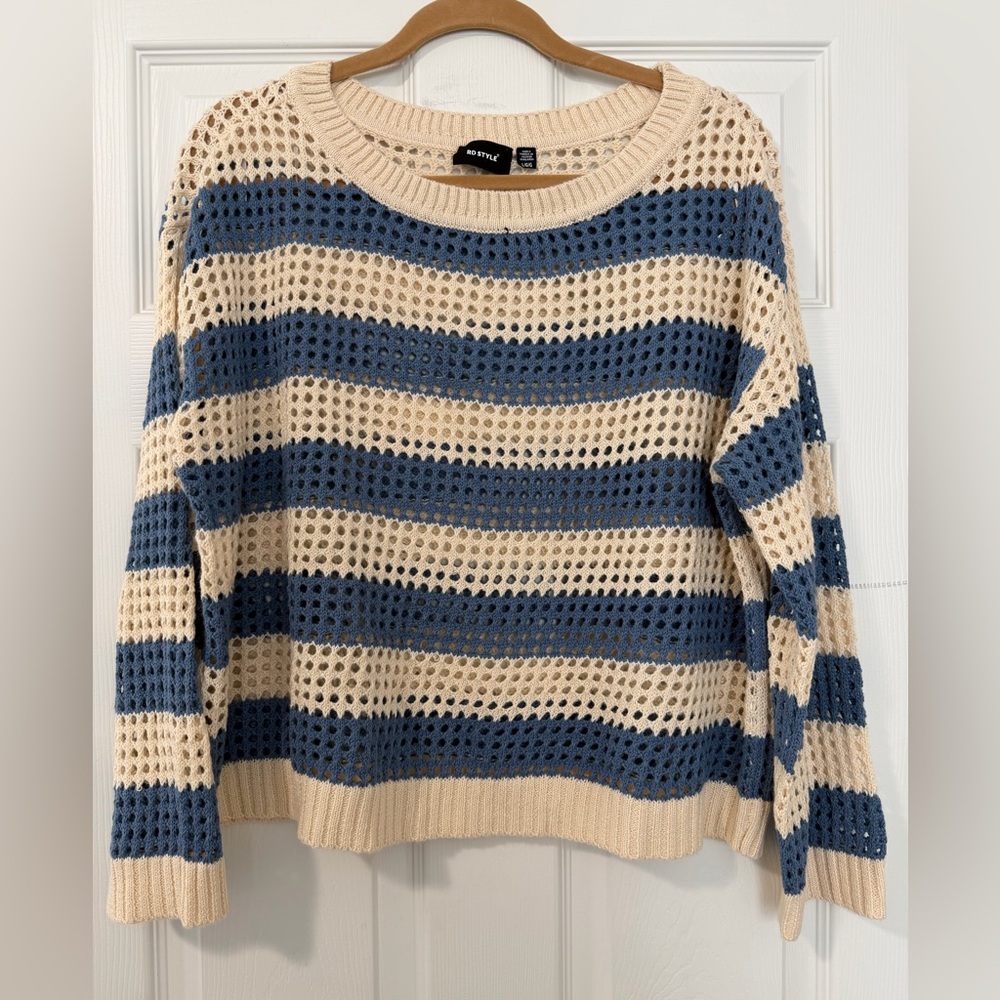 RD Style Cream and Blue Striped Open-Knit Crew Sweater